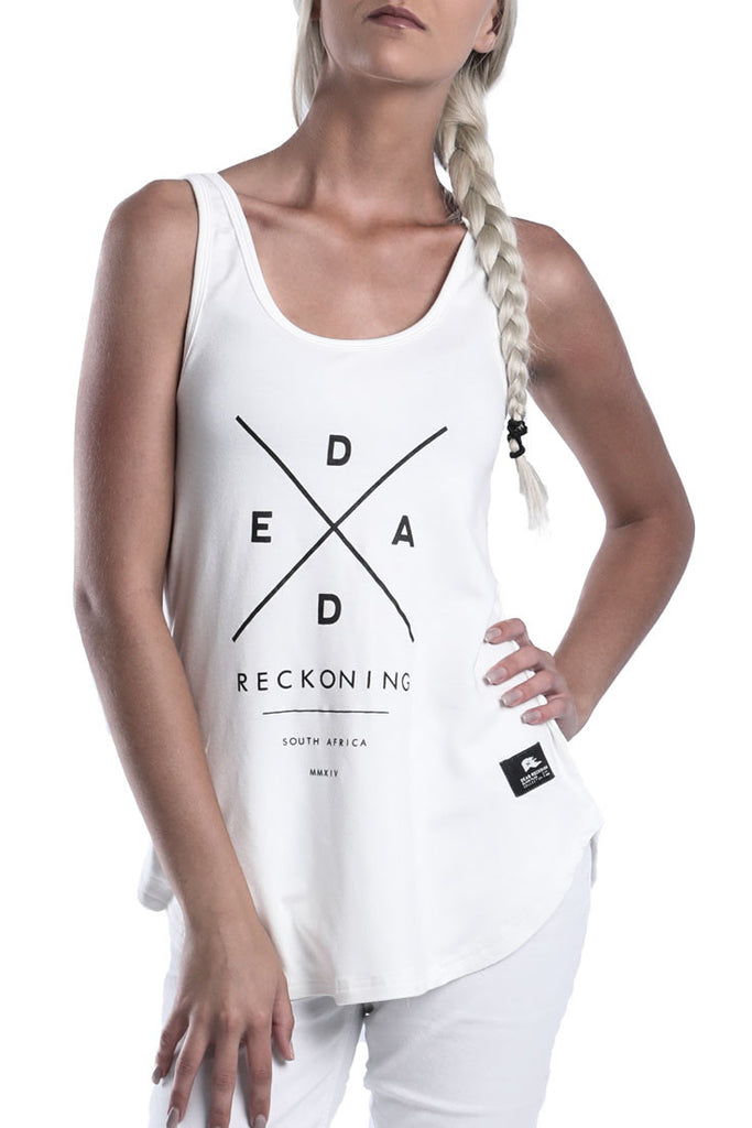LADIES-WHITE-RAYON-TANK-TOP-DEAD-RECKONING-LOGO-BACK-FRONT-VIEW