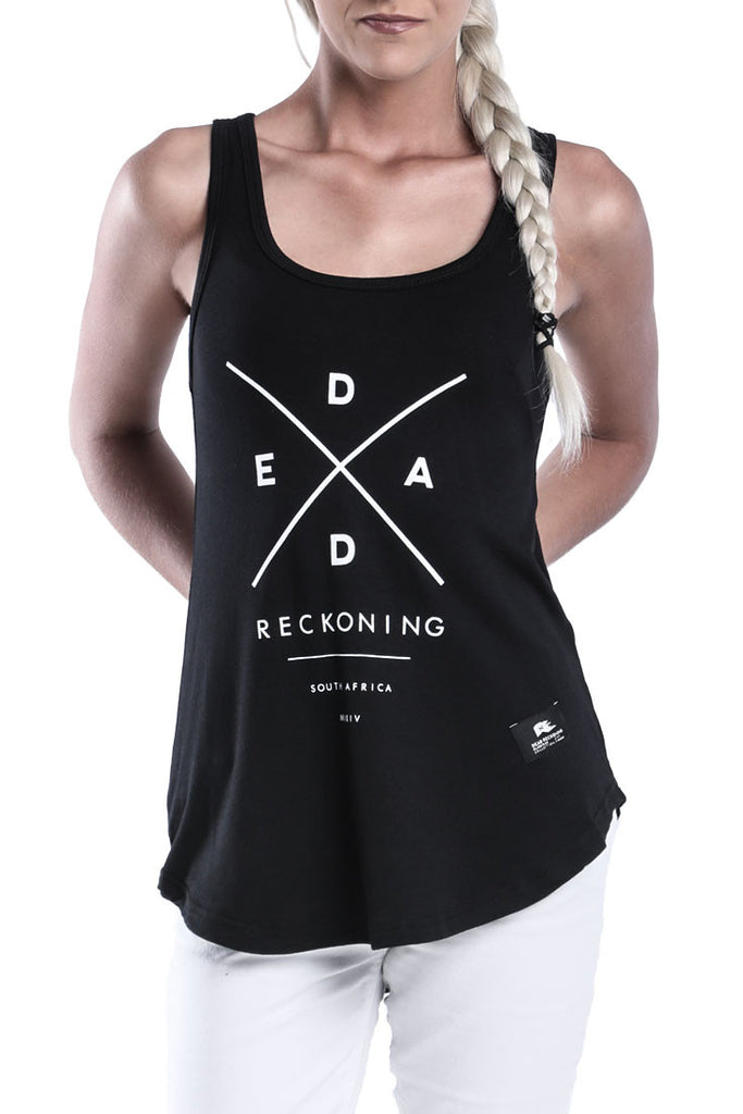 LADIES-BLACK-RAYON-TANK-TOP-DEAD-RECKONING-LOGO-TANK-BACK-VIEW