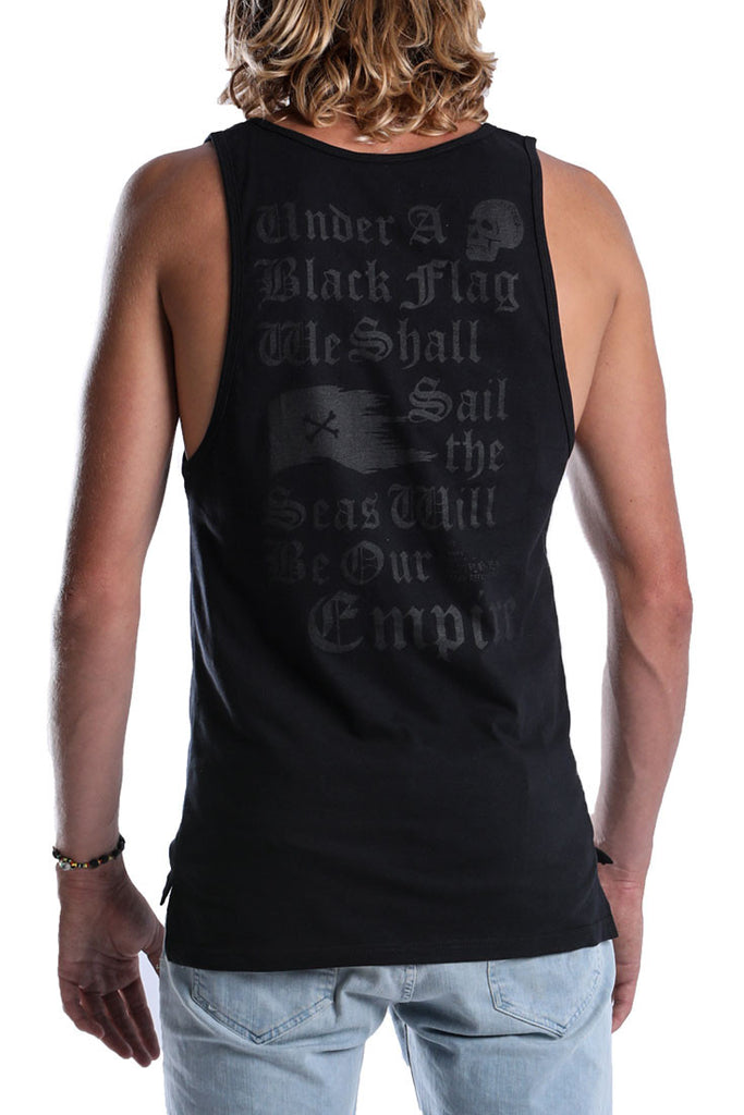 MENS-BLACK-COTTON-VEST-DEAD-RECKONING-BLACK-FLAG--DROP-ANCHOR-FRONT-VIEW