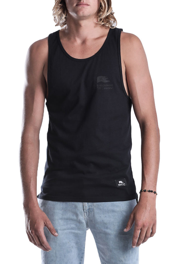 MENS-BLACK-COTTON-VEST-DEAD-RECKONING-BLACK-FLAG--DROP-ANCHOR-FRONT-VIEW