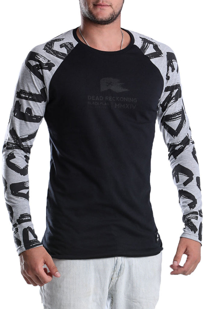 MENS-BLACK-MELANGE-LONG-SLEEVE-COTTON-RAGLAN-DEAD-RECKONING-BLACK-FLAG--RAGLAN-FRONT-VIEW