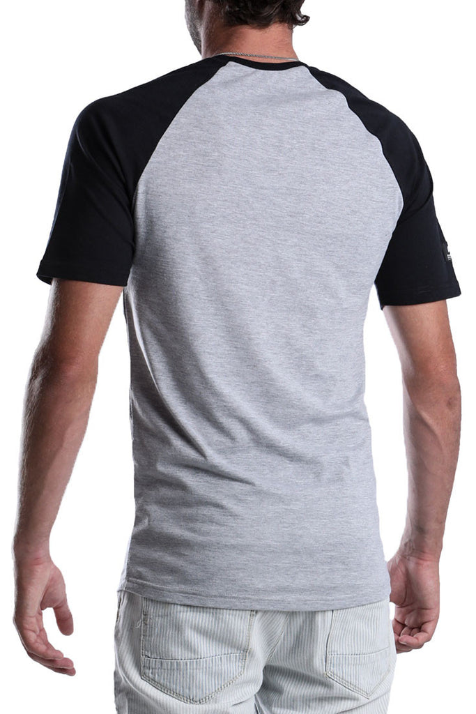 MENS-BLACK-MELANGE-SHORT-SLEEVE-COTTON-RAGLAN-DEAD-RECKONING-BLACK-FLAG--RAGLAN-FRONT-VIEW